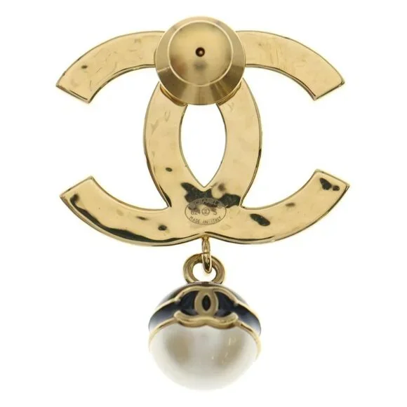 Chanel CC Logo Faux Pearl Brooch Black Gold